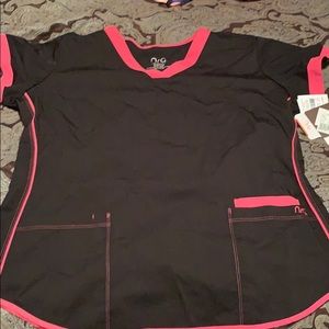 NRG by barco black scrub top with hot pink border.